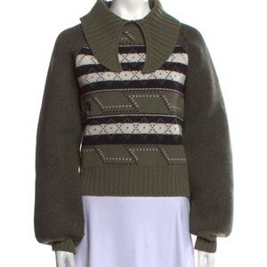 Ganni oversized collar green wool sweater balloon sleeves